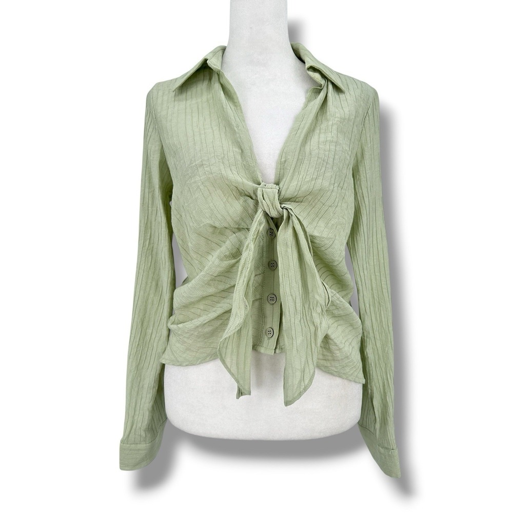 Olivia Grey Tie Front Blouse Sage Green Coquette Fairycore Boho Streetwear S